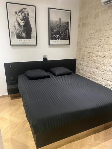 a bed in a room with two pictures on the wall at Appartement de luxe avec sauna pour 4 Personnes in Triel-sur-Seine