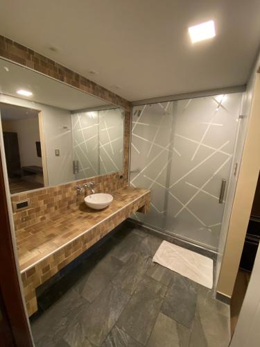 a bathroom with a sink and a shower at Adobe Suites in Salta