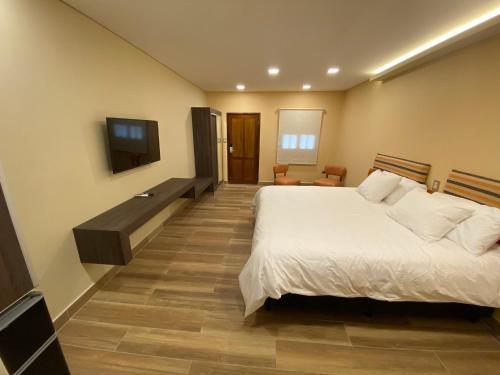 a hotel room with a bed and a television at Adobe Suites in Salta