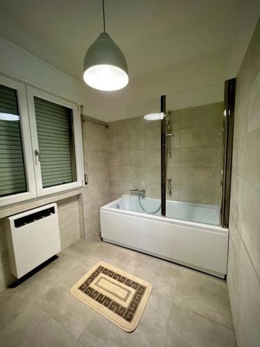 a bathroom with a tub and a shower and a rug at Blue Deluxe Venice in Mestre