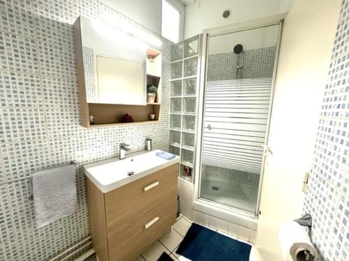 La salle de bains est pourvue d'un lavabo et d'une douche. dans l'établissement Studio, Sea and the Beach, au Havre