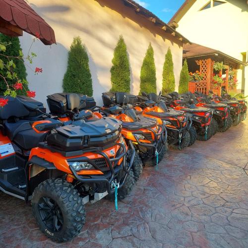 a row of atvs parked next to a building at PENSIUNEA MIHAELA-Transalpina in Novaci