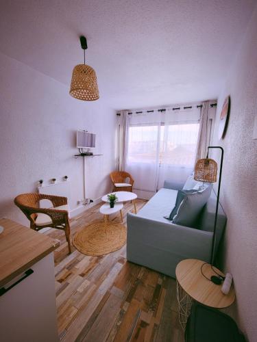 a living room with a couch and a table at Studio vacances proche de la mer in Le Grau-du-Roi