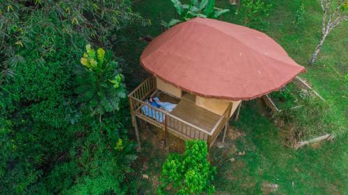 einen Blick über ein Baumhaus mit rotem Dach in der Unterkunft La Perla Negra - Black Pearl Eco Hostel in San Rafael