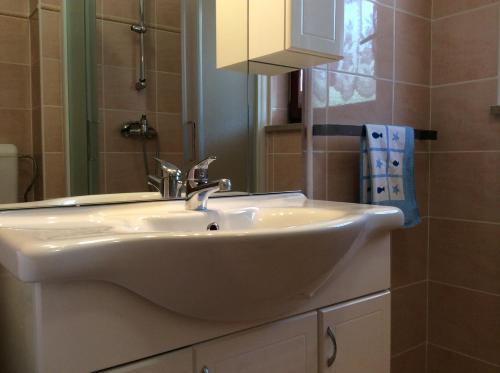 a bathroom with a white sink and a mirror at Apartments Krt Mirko in Izola