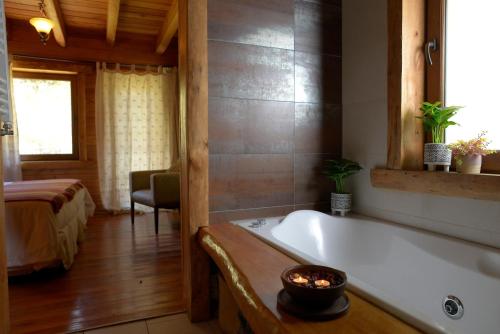 a bathroom with a bath tub and a bedroom at Patagonia Lodge in Las Trancas