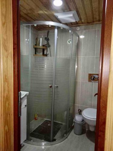 een badkamer met een douche en een toilet bij Rize Doğa Home 