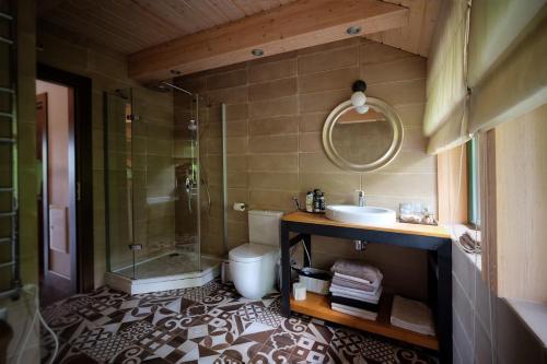 een badkamer met een douche, een wastafel en een toilet bij SVILPJI Lakeside Retreat House in a Forest with all commodities in Amatciems