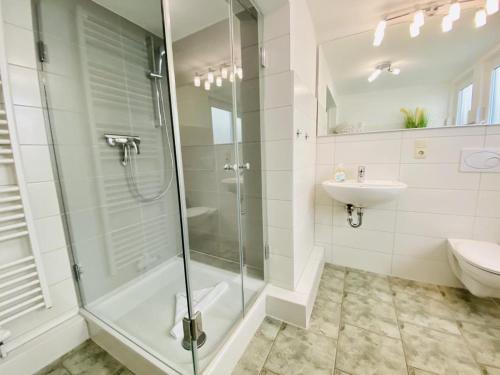 a bathroom with a shower and a sink at Ferienhaus Maria in Warnemünde