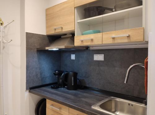 a kitchen with a sink and wooden cabinets at Domus Apartment - City Center in Veria