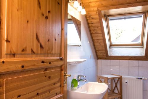 a bathroom with a sink and a toilet and a window at Ferienhaus 08 Blauvogel in Hasselfelde