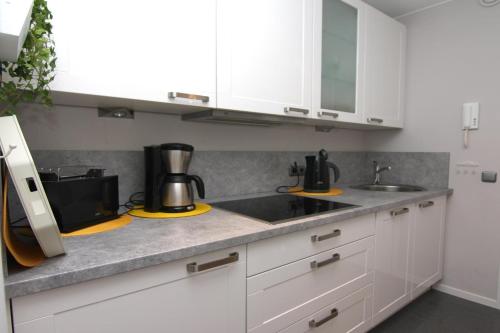 eine Küche mit weißen Schränken und einem Mixer auf der Theke in der Unterkunft Ferienwohnung F249 für 2-4 Personen an der Ostsee in Brasilien
