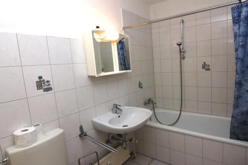 La salle de bains est pourvue d'un lavabo et d'une douche. dans l'établissement Ferienwohnung F156 für 2-4 Personen an der Ostsee, à Brasilien