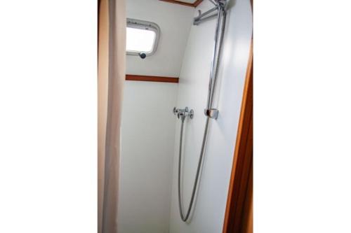 a shower in a bathroom next to a window at Motoryacht Albatros Proficiat 1120 GL in Buchholz