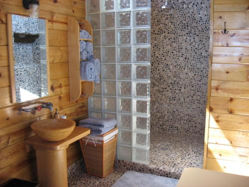 a bathroom with a toilet and a glass wall at Shady Lady Bed and Breakfast in Scottys Junction
