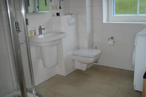 a white bathroom with a toilet and a sink at Jacobihof Haus 15 Wohnung 02 in Dahme