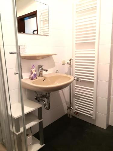 a bathroom with a sink and a mirror at Seeschloss 34 in Dahme