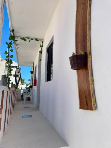 a corridor of a white building with a window and plants at Hotel AKBAL Holbox in Holbox Island