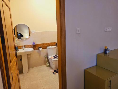 a bathroom with a toilet and a sink and a mirror at Serene villaz in Kampala