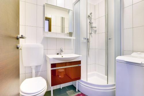 ein Bad mit einem WC, einem Waschbecken und einer Dusche in der Unterkunft Villa Kata in Rebići