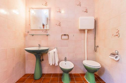 uma casa de banho com um lavatório verde e um WC em Casa Anka em Medulin