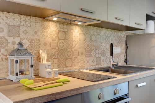 a kitchen with a counter top with a sink and a counter sidx sidx at Villa Jela in Medulin