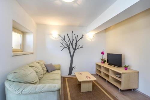 a living room with a couch and a tv at Wunderschöne Villa mit privatem Pool, Klima, WLAN in Valtura