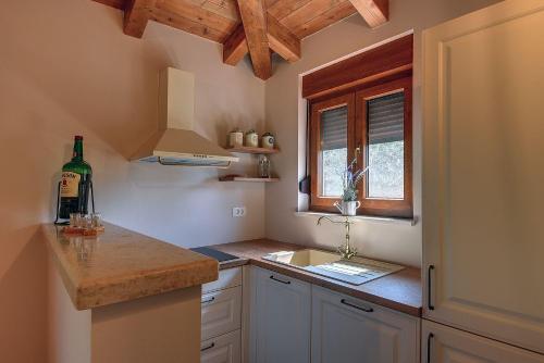 a kitchen with a counter and a sink and a window at Ferienhaus mit Jacuzzi und Taverne mit Billard in Ližnjan