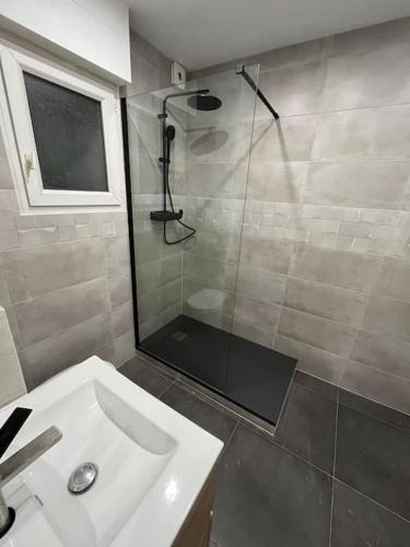 une salle de bain avec un lavabo et une douche en verre dans l'établissement Appartement Disneyland Paris, à Bussy-Saint-Georges