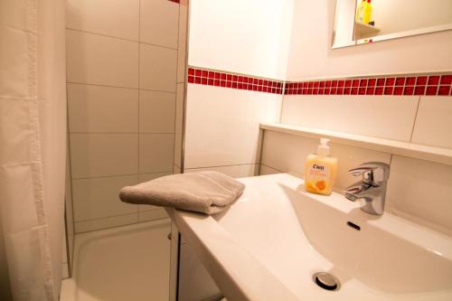 y baño blanco con lavabo y ducha. en Sonnenoase en Fehmarn