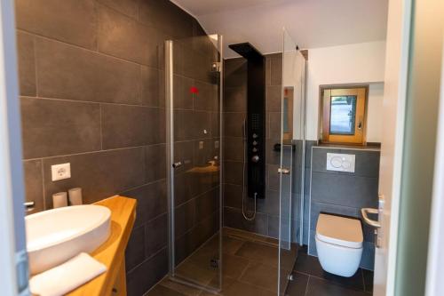 a bathroom with a shower with a sink and a toilet at Ferienhaus hoch über dem Taubertal mit fantastischem Weitblick, Dachterrasse, 2000m2 großem Grundstück und Kamin in Lauda-Königshofen