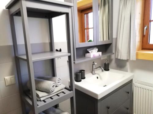een badkamer met een wastafel en een spiegel bij Ferienwohnung zum Gimpei in Siegsdorf