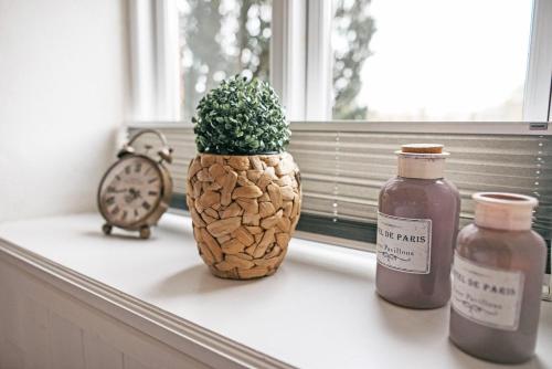 a window sill with a vase and a plant and a clock at Ferienhaus NATURlich Wassermuhle in Kappeln