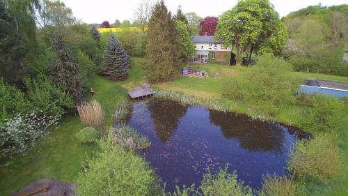 an aerial view of a house and a pond at Ferienhaus NATURlich Wassermuhle in Kappeln