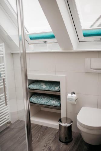 a bathroom with a toilet and a skylight at Apartments Kirsebek in Kappeln