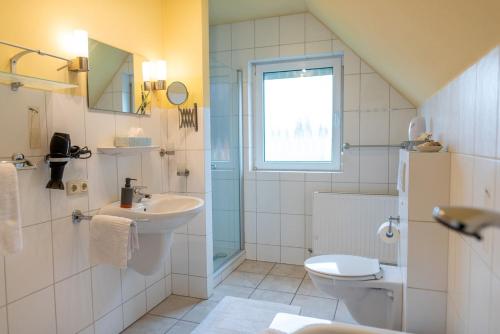 a bathroom with a sink and a toilet and a window at Amrum in Kappeln