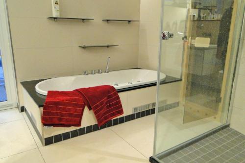 a bathroom with a bath tub with a red towel at Thor's Schleilounge in Olpenitz