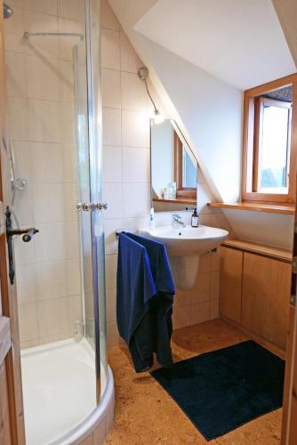 a bathroom with a shower and a sink and a shower at Schöne von Angeln in Saustrup