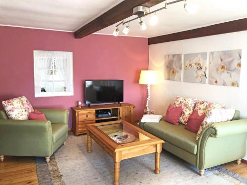 a living room with two couches and a tv at Ferienhaus Rikate in Kappeln