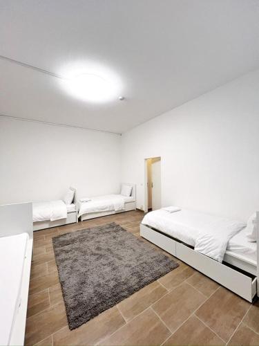 um quarto branco com 2 camas e um tapete em Wohnung alleinige Nutzung 40m² 4 Schlafplätze Wiesbaden em Wiesbaden