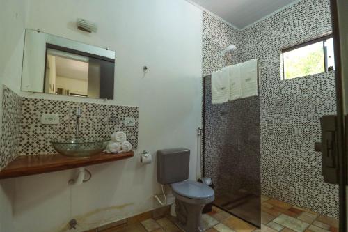 La salle de bains est pourvue d'un lavabo, de toilettes et d'une douche. dans l'établissement Vyzuh Guest House, à Vale do Capão