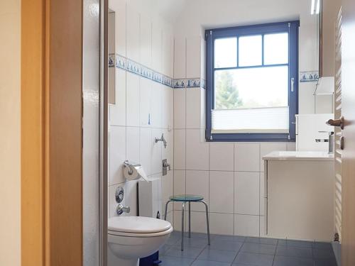 ein Bad mit einem WC, einem Waschbecken und einem Fenster in der Unterkunft Haus Komoran Wohnung 3 in Prerow