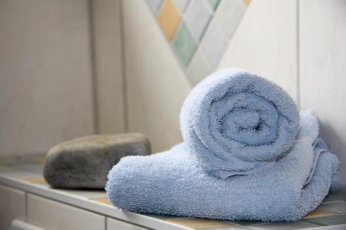 a blue towel sitting on a counter in a bathroom at FerienGut Gaarz - Kavaliershaus 17 in Göhl