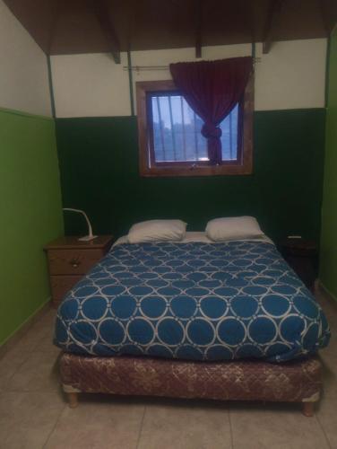a bedroom with a blue bed with a window at Hospedaje Michay in Ushuaia