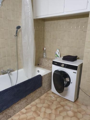 une machine à laver dans une salle de bain avec douche dans l'établissement Appartement F3 meublé et équipé, à Saint-Cyprien