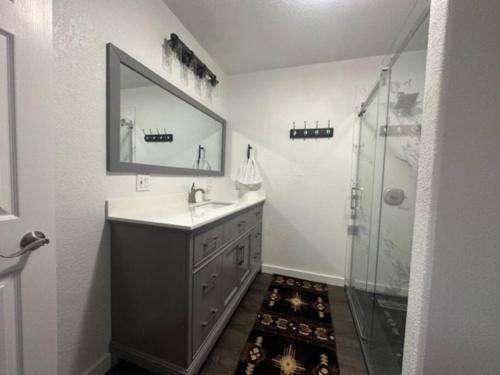 y baño con lavabo, espejo y ducha. en River View Ranch, 