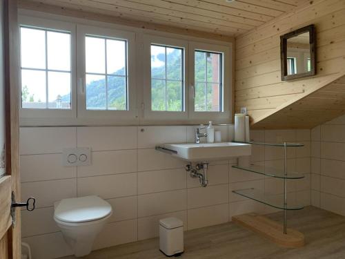 a bathroom with a toilet and a sink and windows at Revier mitenand im Gand in Rüti