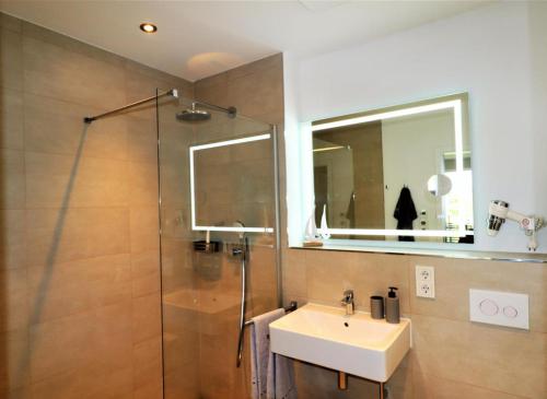 La salle de bains est pourvue d'un lavabo et d'une douche en verre. dans l'établissement Wreecher Idyll 4 Barrierefreies Appartement für bis zu 4 Gäste Hunde erlaubt, à Putbus