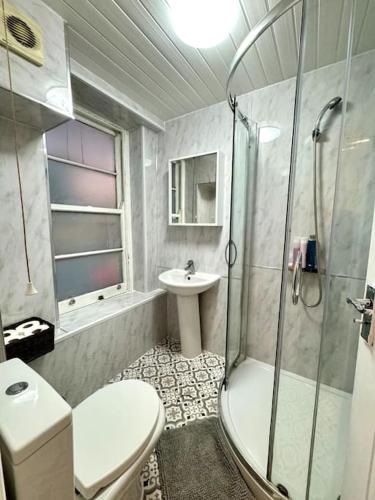 ein Bad mit einer Dusche, einem WC und einem Waschbecken in der Unterkunft Centrally-Located Gem in Marble Arch, London in London