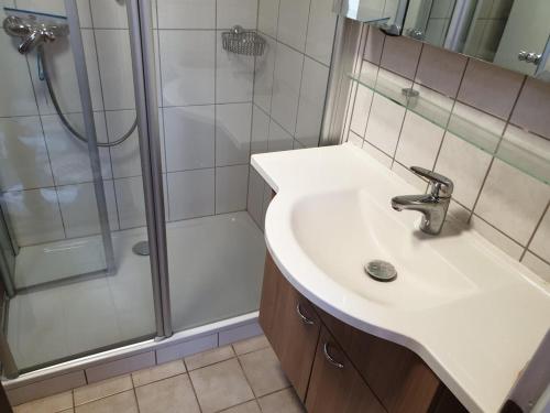 a bathroom with a sink and a shower at NEU! Ferienhaus Michelsberg 